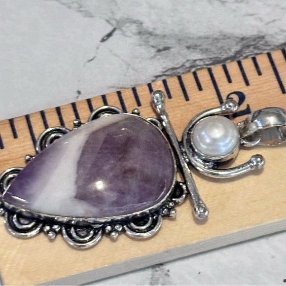 Elegant Artisan Amethyst Pendant Teardrop With Pearl Accent Silver Tone - Picture 6 of 7